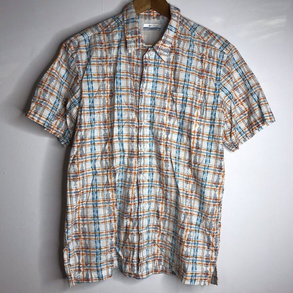 Columbia PFG Mens Small Orange Blue White Short Sleeve Button Fish Graphic Shirt - Picture 1 of 10